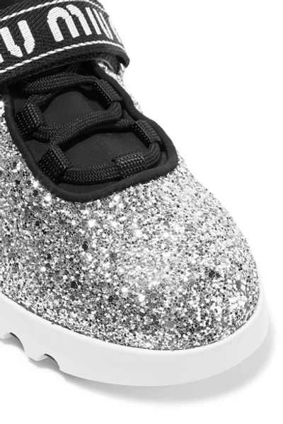 Shop Miu Miu Logo-embroidered Glittered Neoprene And Rubber Sneakers In Silver