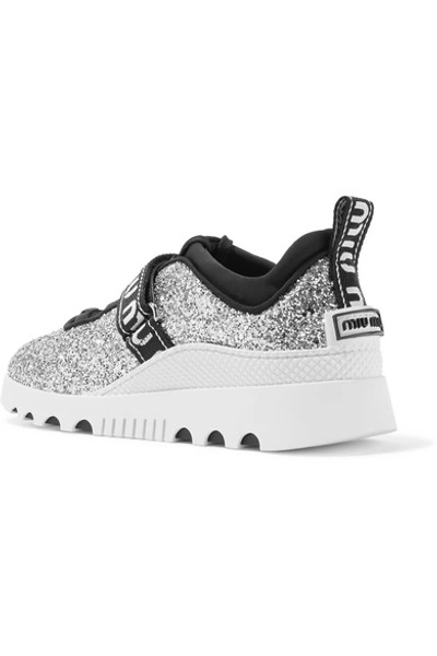 Shop Miu Miu Logo-embroidered Glittered Neoprene And Rubber Sneakers In Silver