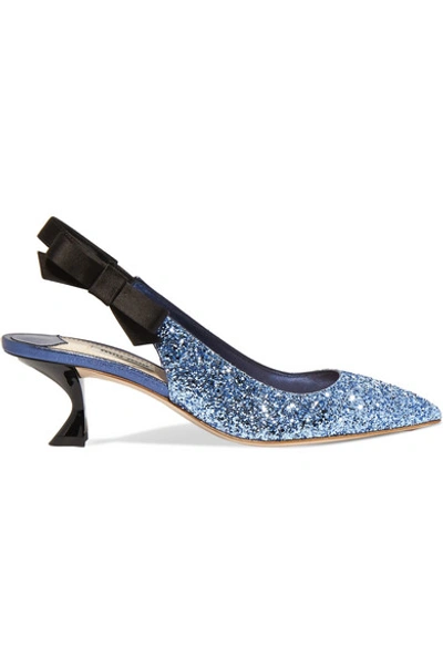 Shop Miu Miu Glittered Leather And Satin Slingback Pumps In Blue