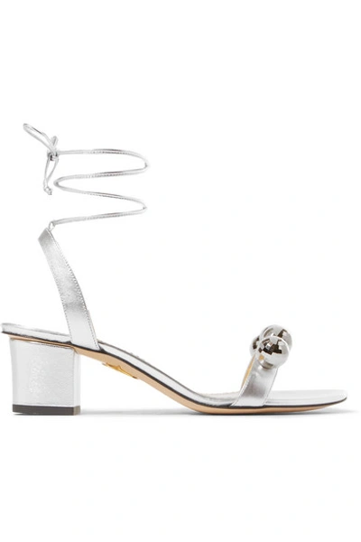 Shop Charlotte Olympia Tara Embellished Metallic Leather Sandals In Silver