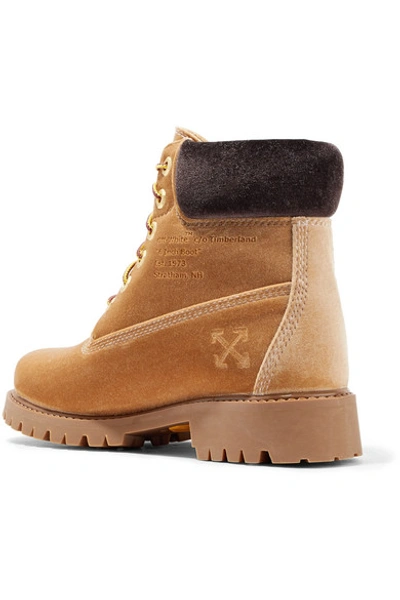 Shop Off-white Timberland Logo-embossed Velvet Ankle Boots In Tan