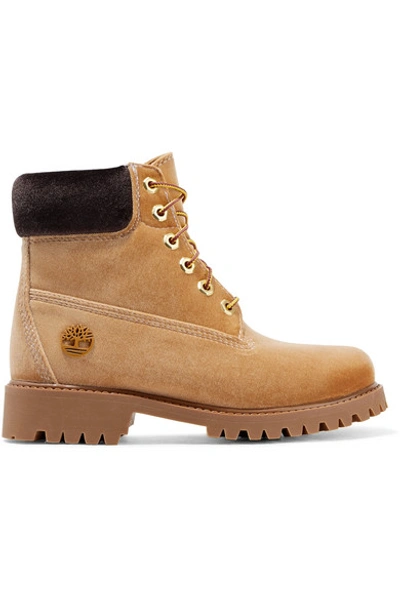 Shop Off-white Timberland Logo-embossed Velvet Ankle Boots In Tan