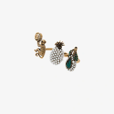 Shop Gucci Trio Ring With Fruit And Monkey Motif In Metallic