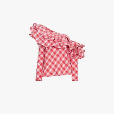 Shop Johanna Ortiz Mangas Coloradas One Shoulder Gingham Top In Red
