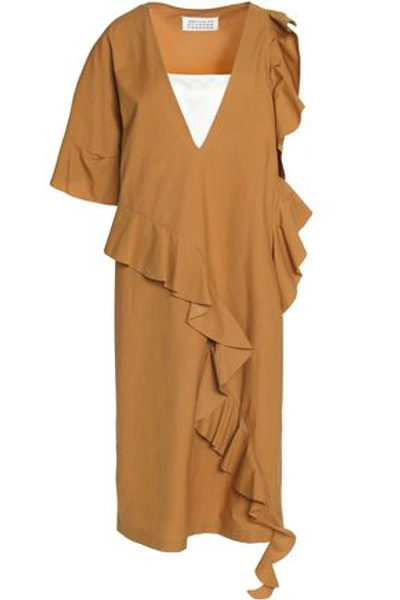 Shop Maison Margiela Woman Asymmetric Ruffled Coated Cotton Dress Brown
