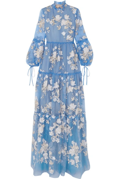 Shop Erdem Cassandra Ruffled Embroidered Silk-organza Gown In Light Blue