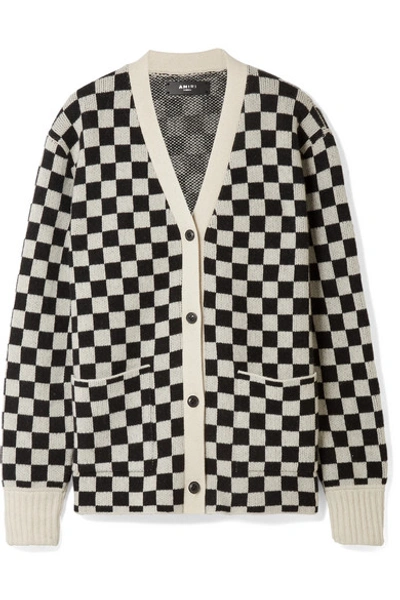 Shop Amiri Checked Cashmere And Wool-blend Cardigan In Black