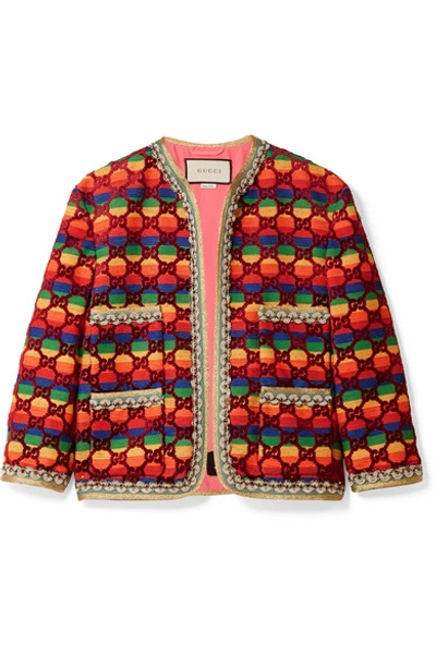 Shop Gucci Embellished Flocked Striped Woven Jacket In Burgundy