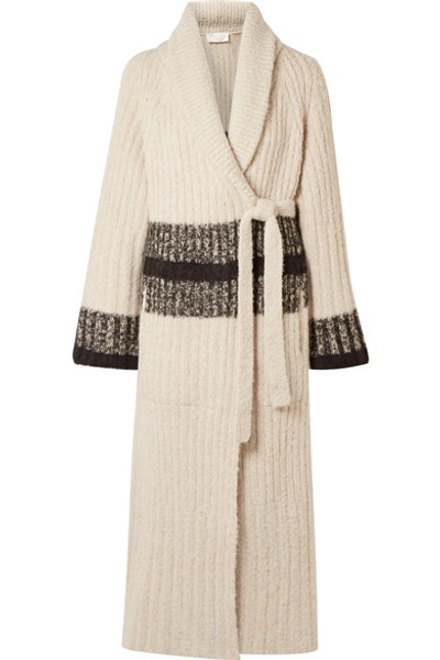 Shop Chloé Striped Ribbed Wool-blend Cardigan In Cream