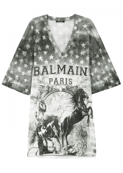 Shop Balmain Printed Oversized Linen T-shirt