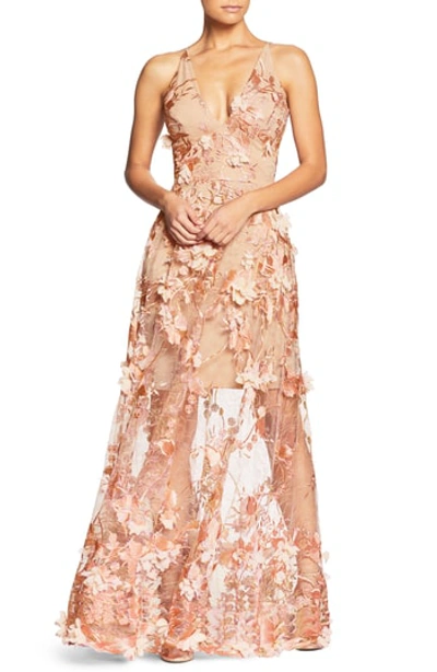 Shop Dress The Population Sidney Deep V-neck 3d Lace Gown In Peach