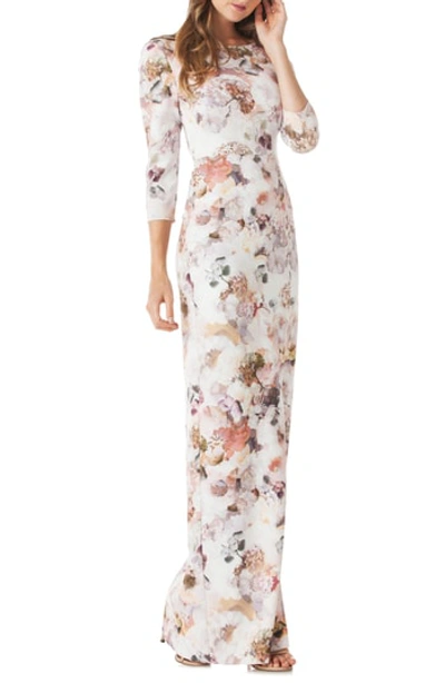 Shop Kay Unger Floral Print Crepe Column Gown In Blush Multi