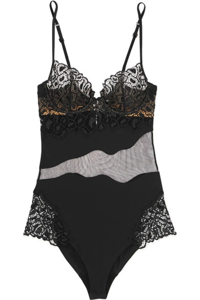 Shop La Perla Quartz Garden Underwired Stretch-jersey, Leavers Lace And Tulle Bodysuit In Black