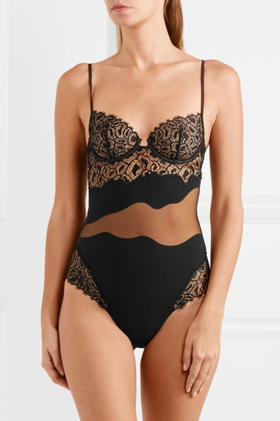 Shop La Perla Quartz Garden Underwired Stretch-jersey, Leavers Lace And Tulle Bodysuit In Black