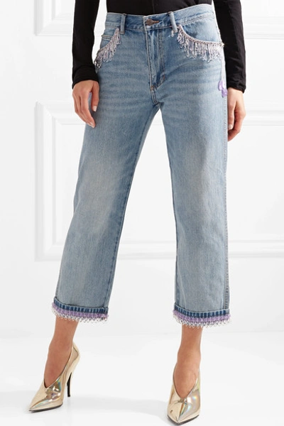 Shop Marc Jacobs Cropped Bead-embellished Boyfriend Jeans In Blue