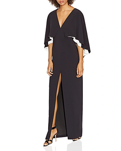 Shop Halston Heritage Color-blocked Cape-sleeve Gown In Black/chalk