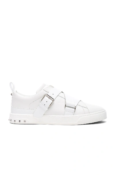Shop Valentino Leather Strap Sneakers In White