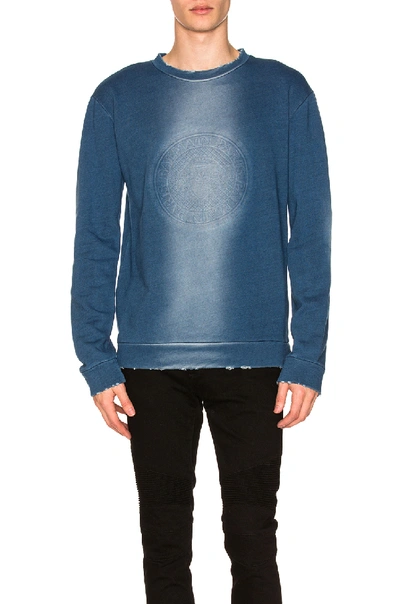 Shop Balmain Destroyed Indigo Sweatshirt In Blue