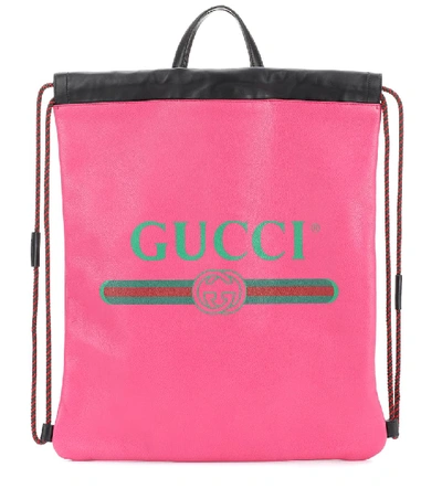 Shop Gucci Printed Leather Drawstring Backpack In Pink