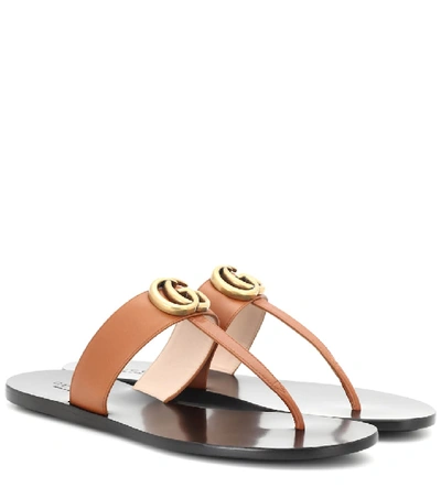 Shop Gucci Marmont Leather Thong Sandals In Brown