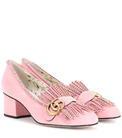 Shop Gucci Embellished Suede Loafer Pumps In Pink