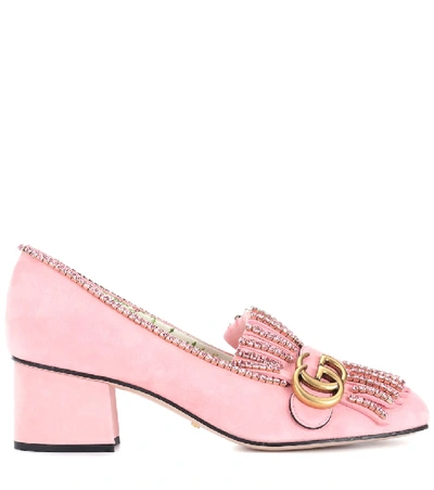 Shop Gucci Embellished Suede Loafer Pumps In Pink