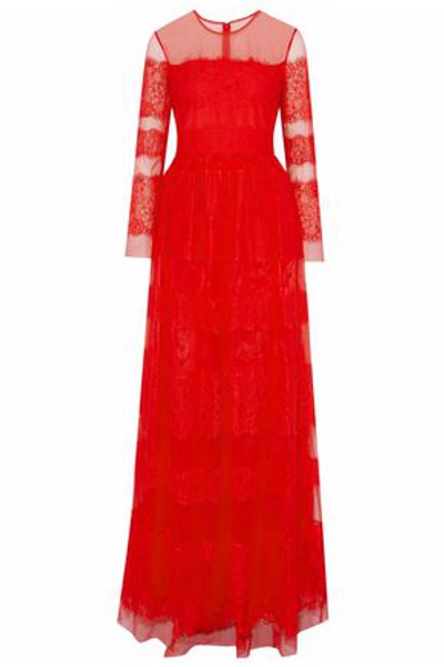 Shop Mikael Aghal Woman Paneled Embroidered Tulle Gown Red