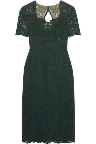 Shop Mikael Aghal Cutout Lace Midi Dress In Dark Green