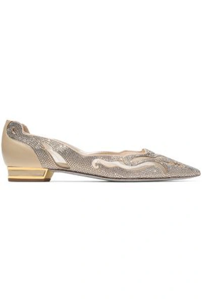 Shop René Caovilla Crystal-embellished Leather And Mesh Point-toe Flats In Gold