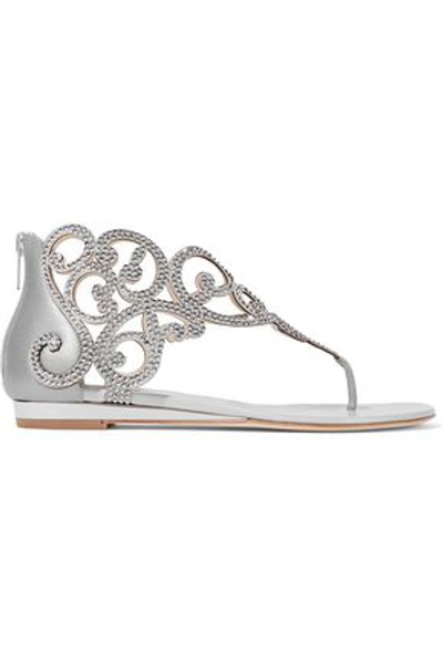 Shop René Caovilla Crystal-embellished Metallic Leather Sandals In Gray
