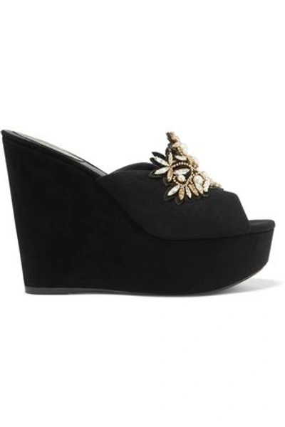 Shop René Caovilla Woman Embellished Suede Wedge Sandals Black
