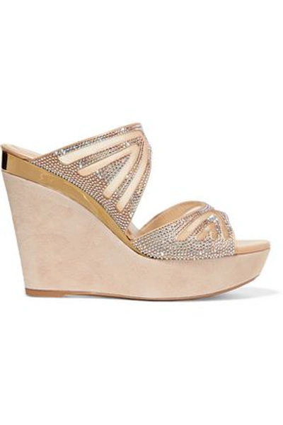 Shop René Caovilla Woman Embellished Mesh And Suede Wedge Sandals Beige