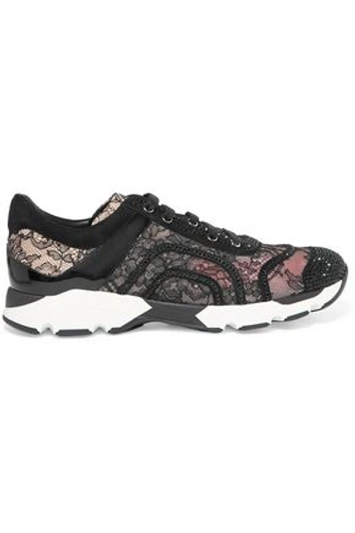 Shop René Caovilla Woman Patent Leather-paneled Embellished Lace And Suede Sneakers Black