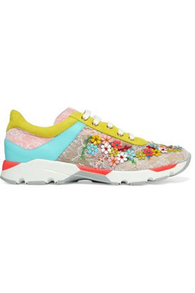 Shop René Caovilla Embellished Color-block Lace And Leather Sneakers In Yellow