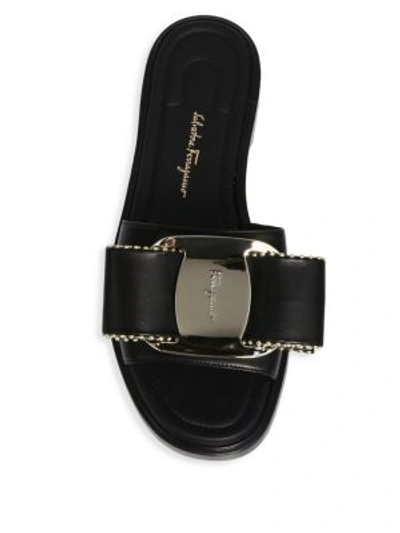 Shop Ferragamo Ornament Studded Bow Leather Sandals In Black
