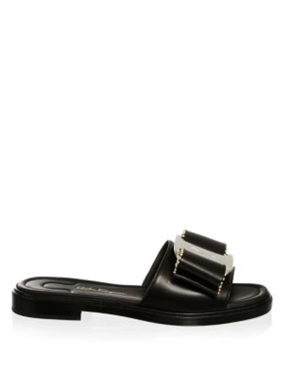Shop Ferragamo Ornament Studded Bow Leather Sandals In Black