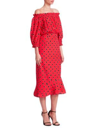 Shop Saloni Grace Printed Off-the-shoulder Midi Dress In Carmine Dots