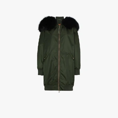 Shop Mr & Mrs Italy Long Bomber With Fur Trim Collar In Green