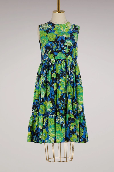 Shop Msgm Printed Flowers Dress With Ruffles In Blue