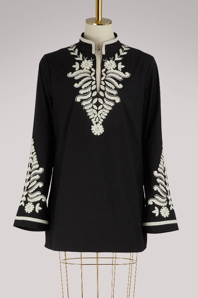 Shop Tory Burch Cotton Embroidered Blouse In Black Ivory