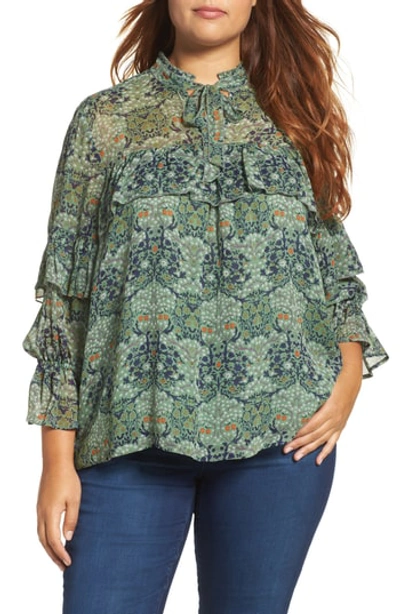 Shop Lucky Brand Ruffled Floral Blouse In Green Multi