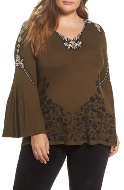 Shop Lucky Brand Embroidered Bell Sleeve Top In Olive