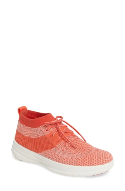 Shop Fitflop Uberknit High Top Sneaker In Hot Coral/ Neon Blush Fabric