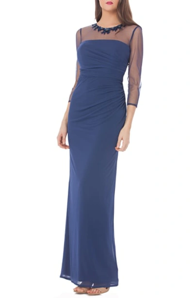 Shop Js Collections Embellished Illusion Shirred Jersey Gown In Navy