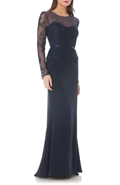 Shop Js Collections Embellished Crepe Mermaid Gown In Navy