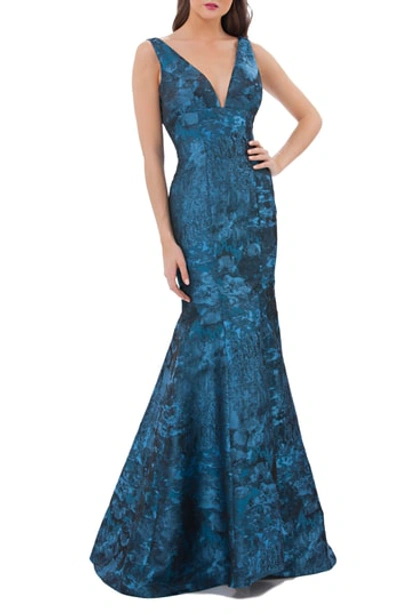 Shop Carmen Marc Valvo Infusion Plunging Brocade Mermaid Dress In Sapphire