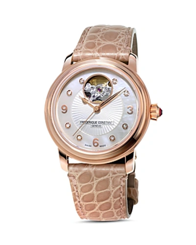 Shop Frederique Constant Heart Beat Diamond Watch, 34mm In White/tan