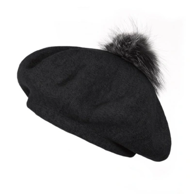 Shop Popski London Bella Beret Fur Pom Pom Hat Black With Silver Fox Fur Pom Pom