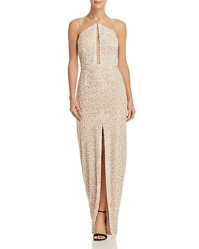 Shop Aidan Aidan Sequin-embellished Gown In Champagne/silver