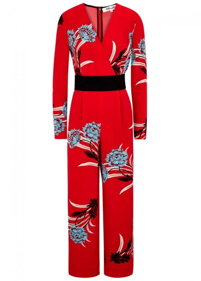 Shop Diane Von Furstenberg Floral-print Belted Silk Jumpsuit In Red